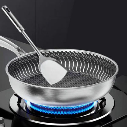 Tri-ply stainless steel double-sided nonstick frying pan with ergonomic handle for easy flipping

