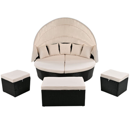 GO Outdoor rattan daybed sunbed with Retractable Canopy Wicker Furniture, Round Outdoor Sectional Sofa Set, black Wicker Furniture Clamshell Seating with Washable Cushions, Backyard, Porch, Beige