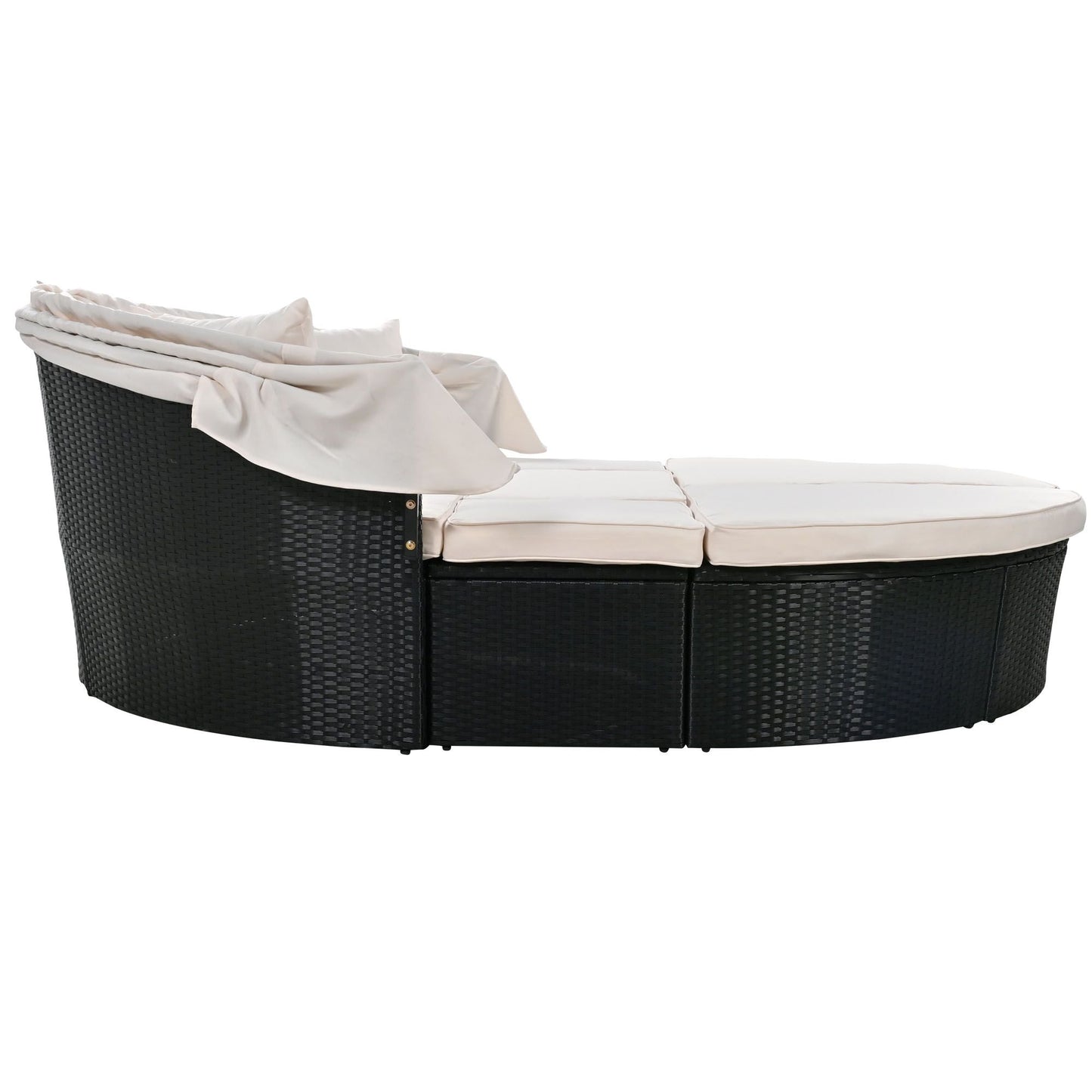 GO Outdoor rattan daybed sunbed with Retractable Canopy Wicker Furniture, Round Outdoor Sectional Sofa Set, black Wicker Furniture Clamshell Seating with Washable Cushions, Backyard, Porch, Beige