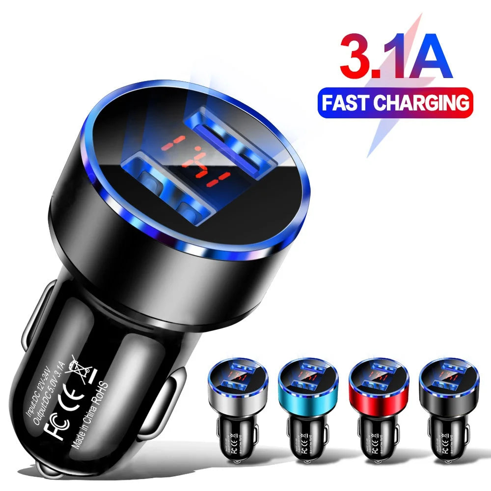 3.1A dual USB car charger with LCD display and voltmeter