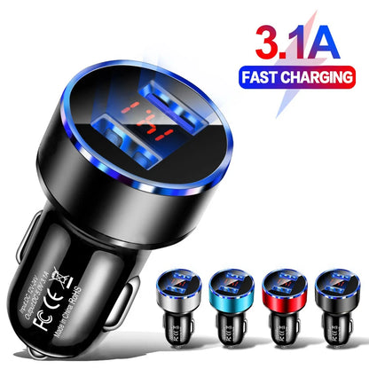 3.1A dual USB car charger with LCD display and voltmeter