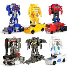 A collection of transformation toys featuring robots in various colors and vehicles including a truck, car, and van. The toys are designed to change between robot and vehicle forms.