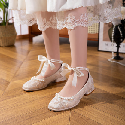2026 New Jacquard Mary Jane Low Heel Women's Shoes - Pearl Ribbon Bow Square Toe Flared Single Shoes - Soft And Versatile Wedding Shoes