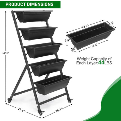 65x60x130cm 5 Layers With Wheels Black PE Planter Pot