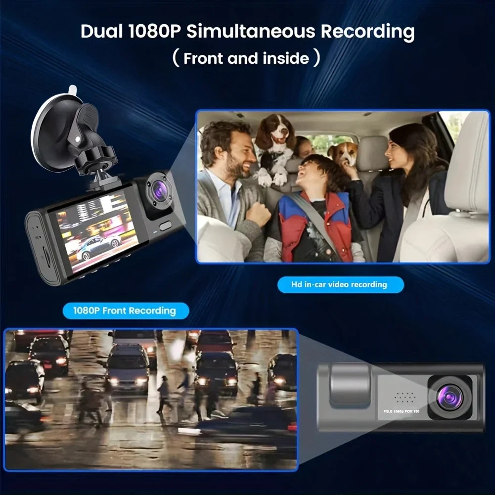 Triple dash cam with front, rear, and inside cameras in 1080p HD for complete vehicle security