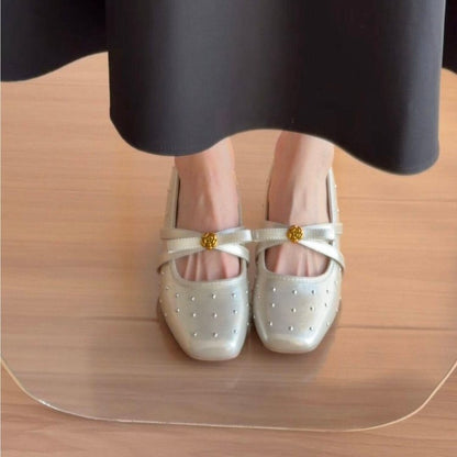 Camellia Cross Strap Flat Shoes For Women, New 2026 Rich Style Rhinestone Square Toe Mary Jane Shoes