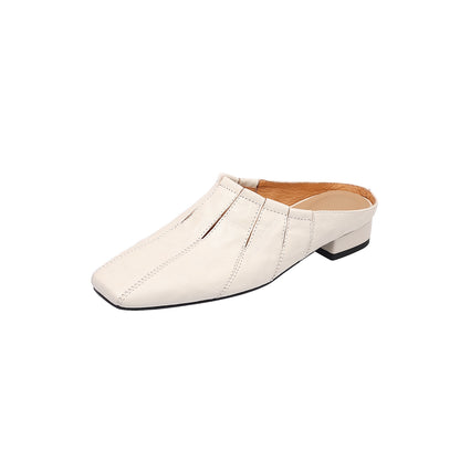 Minimalist Handcrafted Washed Leather Mules, Women's Full-Grain Cowhide Square Toe Backless Shoes