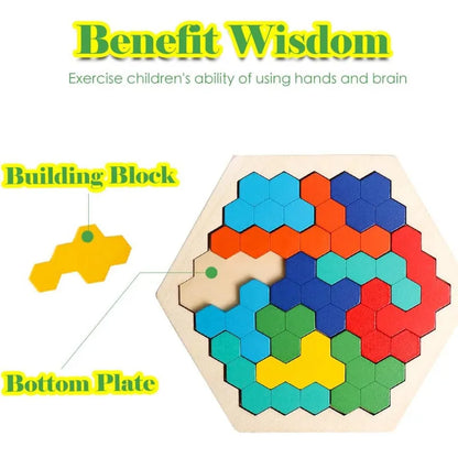 Montessori wooden puzzle for kids with hexagon tangram design

