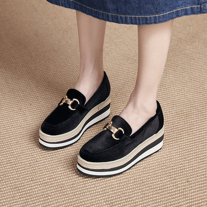 Metal-buckle Striped Sole Wedge Slip-on Shoes