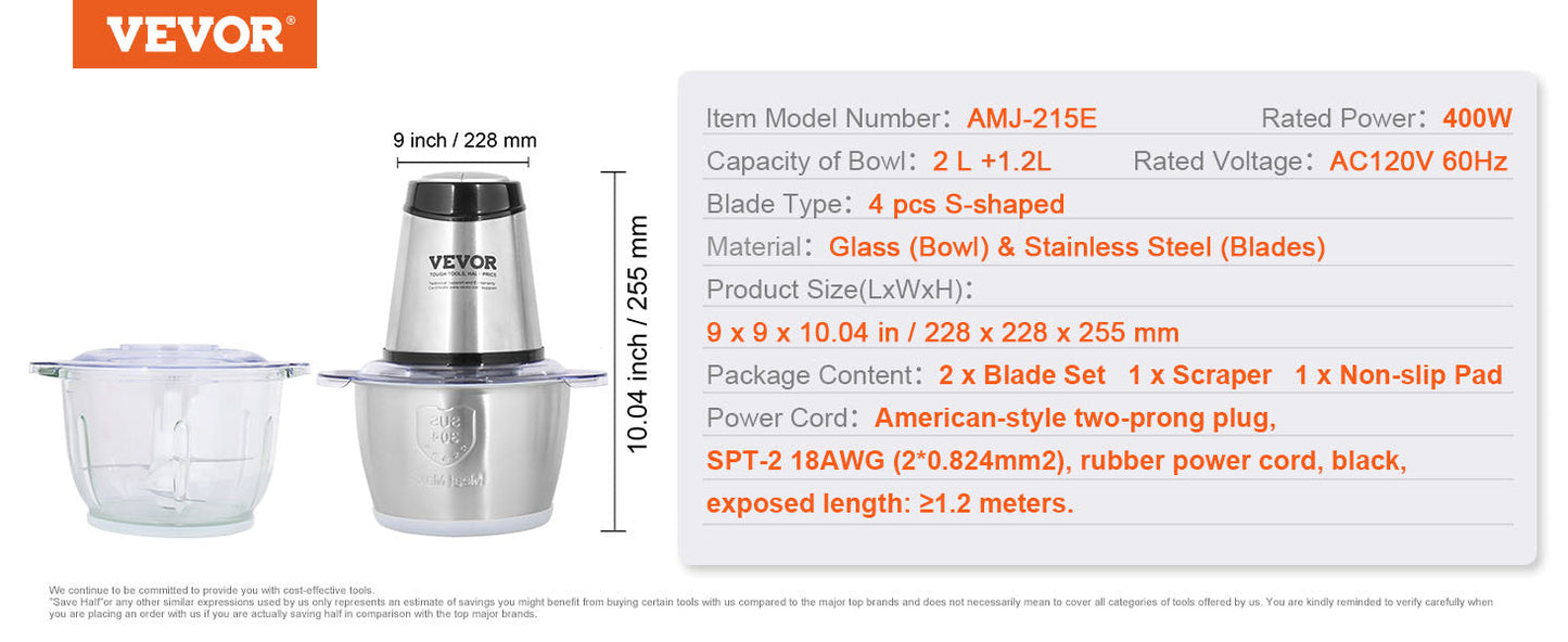 VEVOR Food Processor Electric Meat Grinder with 4Wing Stainless Steel Blades 8+5