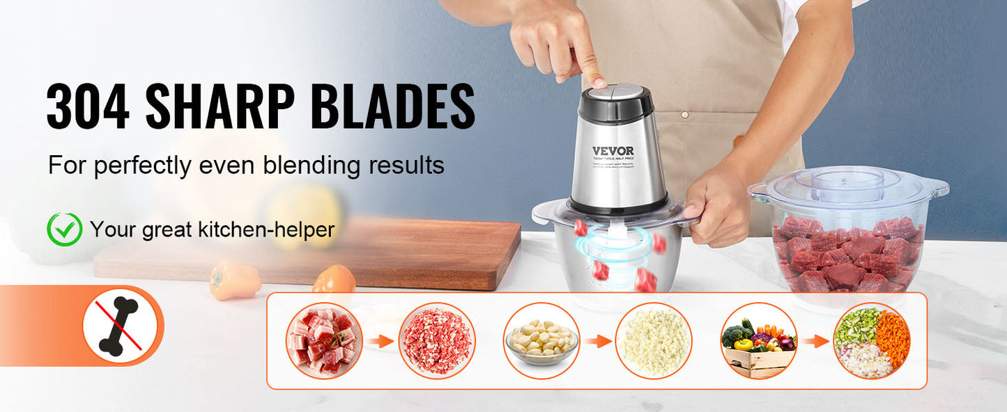 VEVOR Food Processor Electric Meat Grinder with 4Wing Stainless Steel Blades 8+5