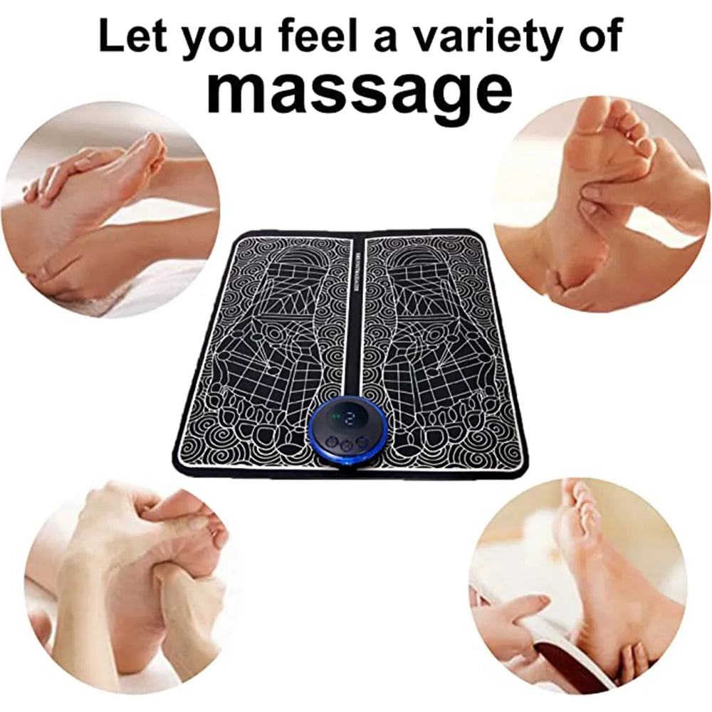 Person using portable EMS foot massager pad at home


