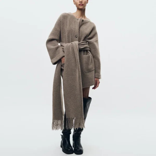 Elegant Women's Knitted Cardigan with Scarf for Office Wear