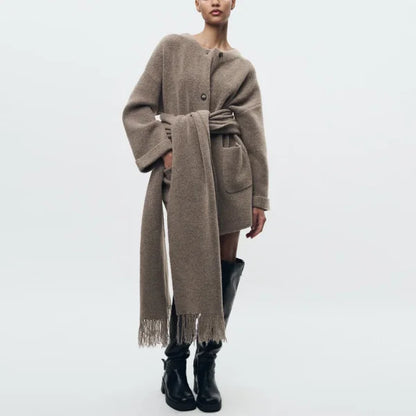 Elegant Women's Knitted Cardigan with Scarf for Office Wear