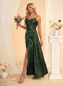 Model wearing elegant satin cowl neck jacquard A-line maxi dress

