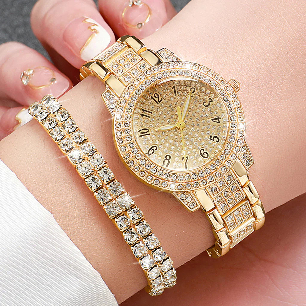 Elegant golden watch with matching jewelry set for women’s fashion and gifting

