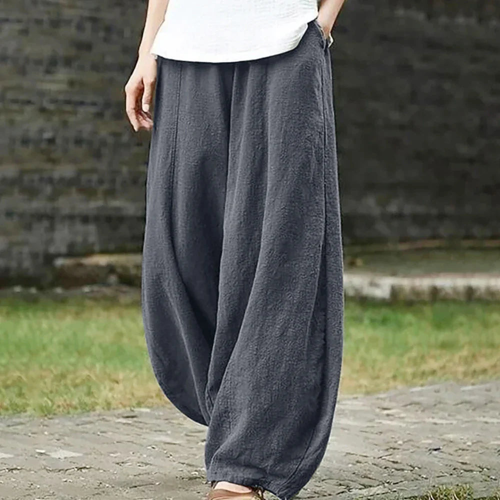 Spring Summer Cotton Linen Style Bloomers Wide Leg Pants for women, vintage full-length elastic waist trousers.