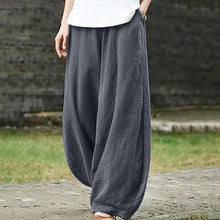 Spring Summer Cotton Linen Style Bloomers Wide Leg Pants for women, vintage full-length elastic waist trousers.