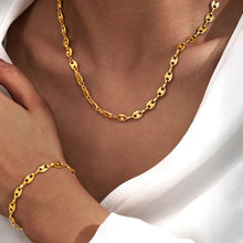 Stainless steel necklace and bracelet jewelry set on white background