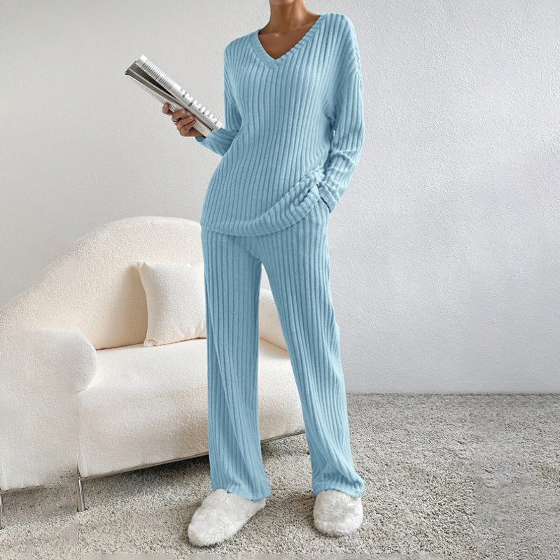 Women's V-Neck Ribbed 2-Piece Set for Fall and Winter