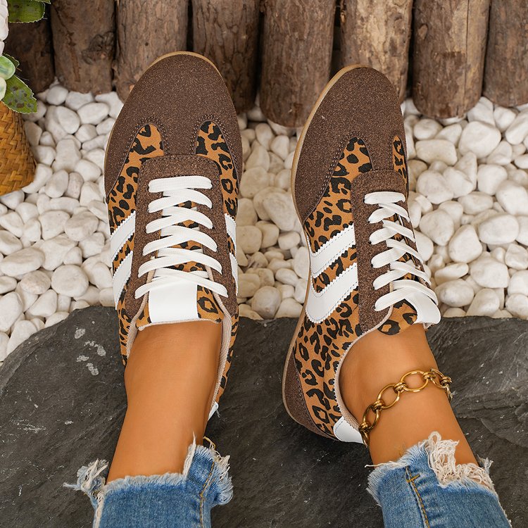 Leopard print color block women's sneakers - casual board shoes flat lay pair