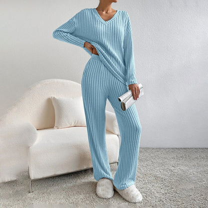 Women's V-Neck Ribbed 2-Piece Set for Fall and Winter