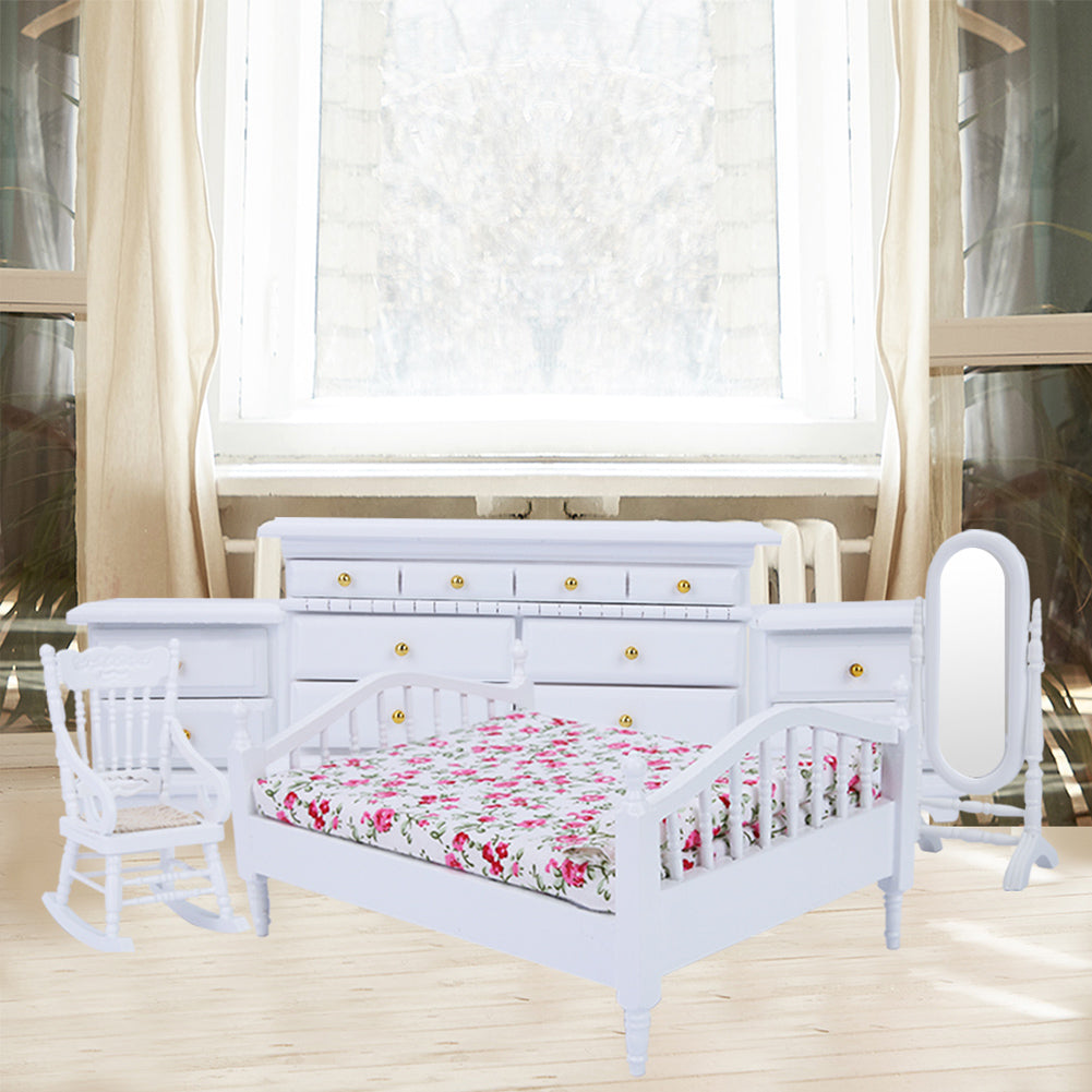 1:12 6pcs Mini Wooden White Bedroom Furniture Set for Dollhouse