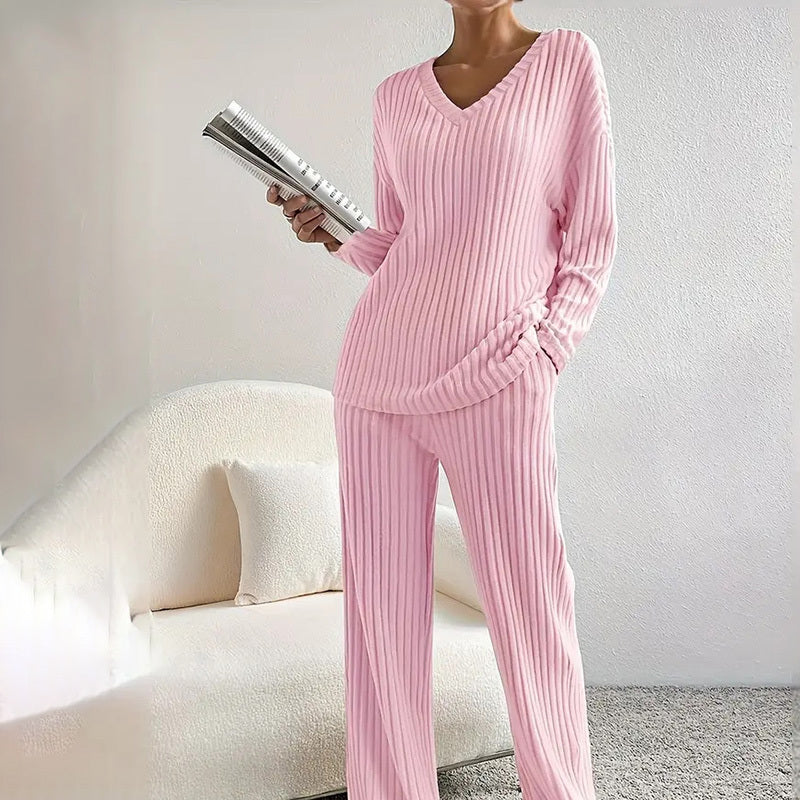 Women's 2-piece ribbed outfit with V-neck long sleeve top and straight-leg pants in solid color for fall and winter