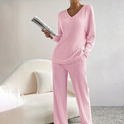 Women's 2-piece ribbed outfit with V-neck long sleeve top and straight-leg pants in solid color for fall and winter