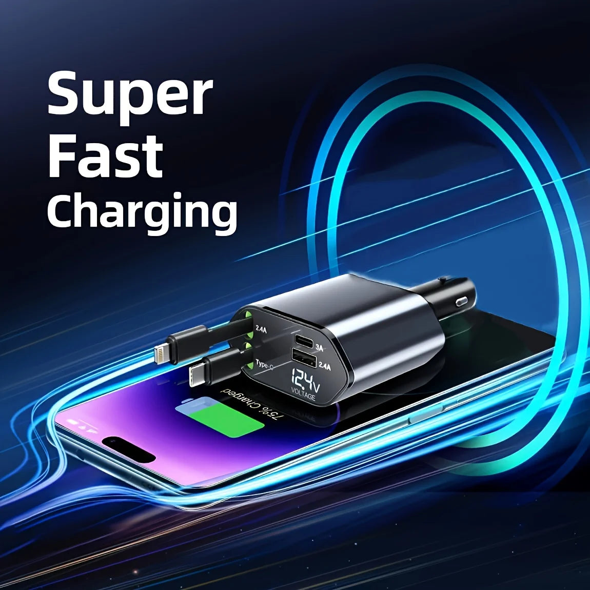 4-in-1 120W retractable USB C car charger for iPhone, Huawei, Samsung