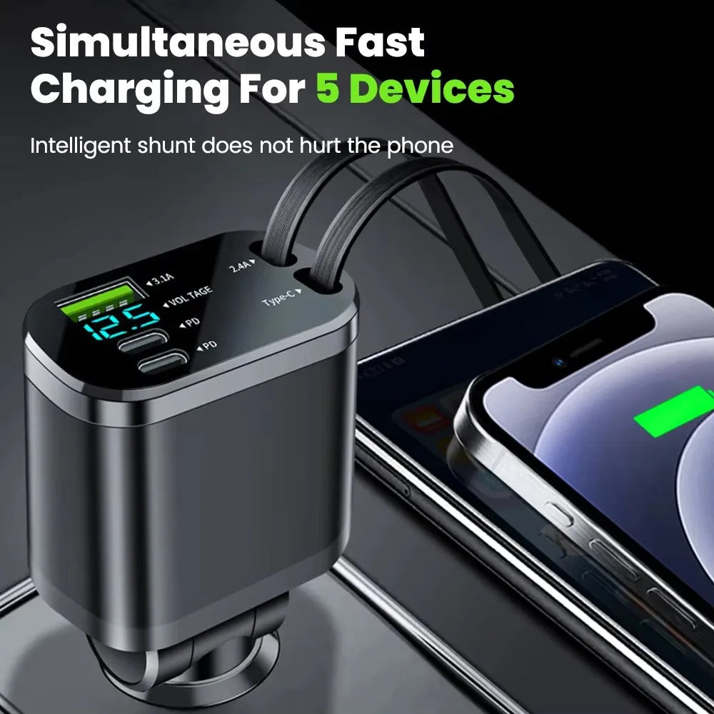 5-in-1 retractable USB C car charger for iPhone and Samsung fast charging