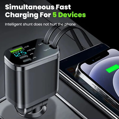5-in-1 retractable USB C car charger for iPhone and Samsung fast charging