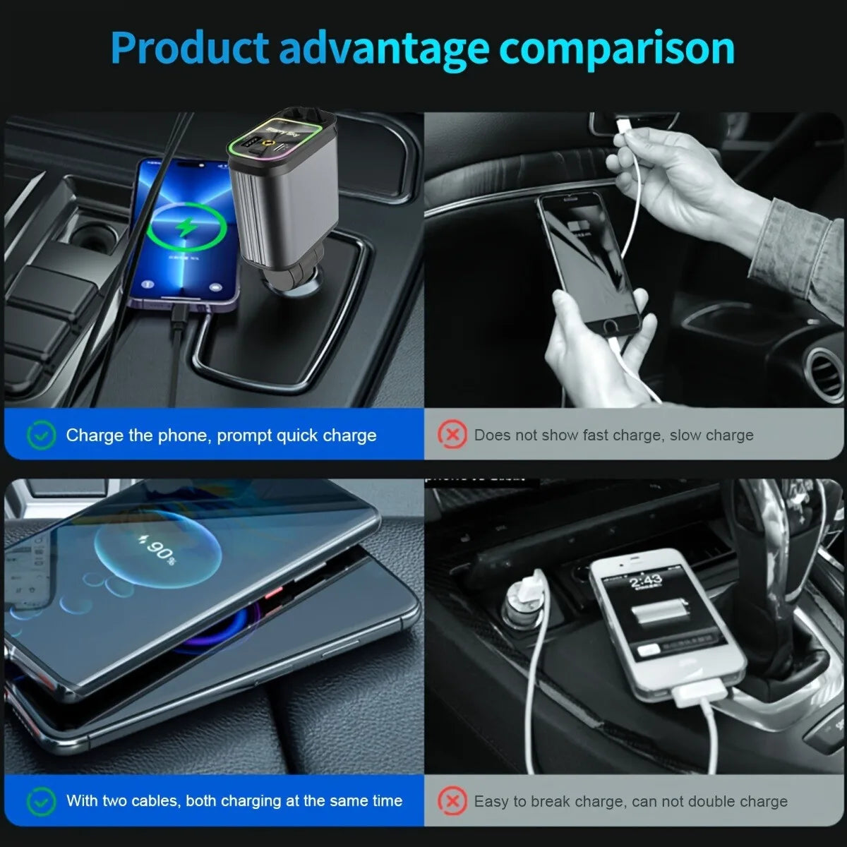 4-in-1 retractable USB C car charger for iPhone fast charging