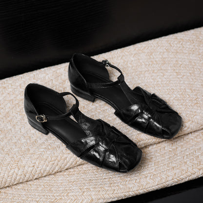 Women's Genuine Sheepskin Fisherman Sandals, Handmade Woven T-Strap Closed Toe Flat Shoes