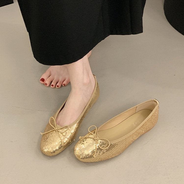 Round Toe Bow Sequin Ballet Flats, Low Cut Slip-on French Style Casual Flat Shoes