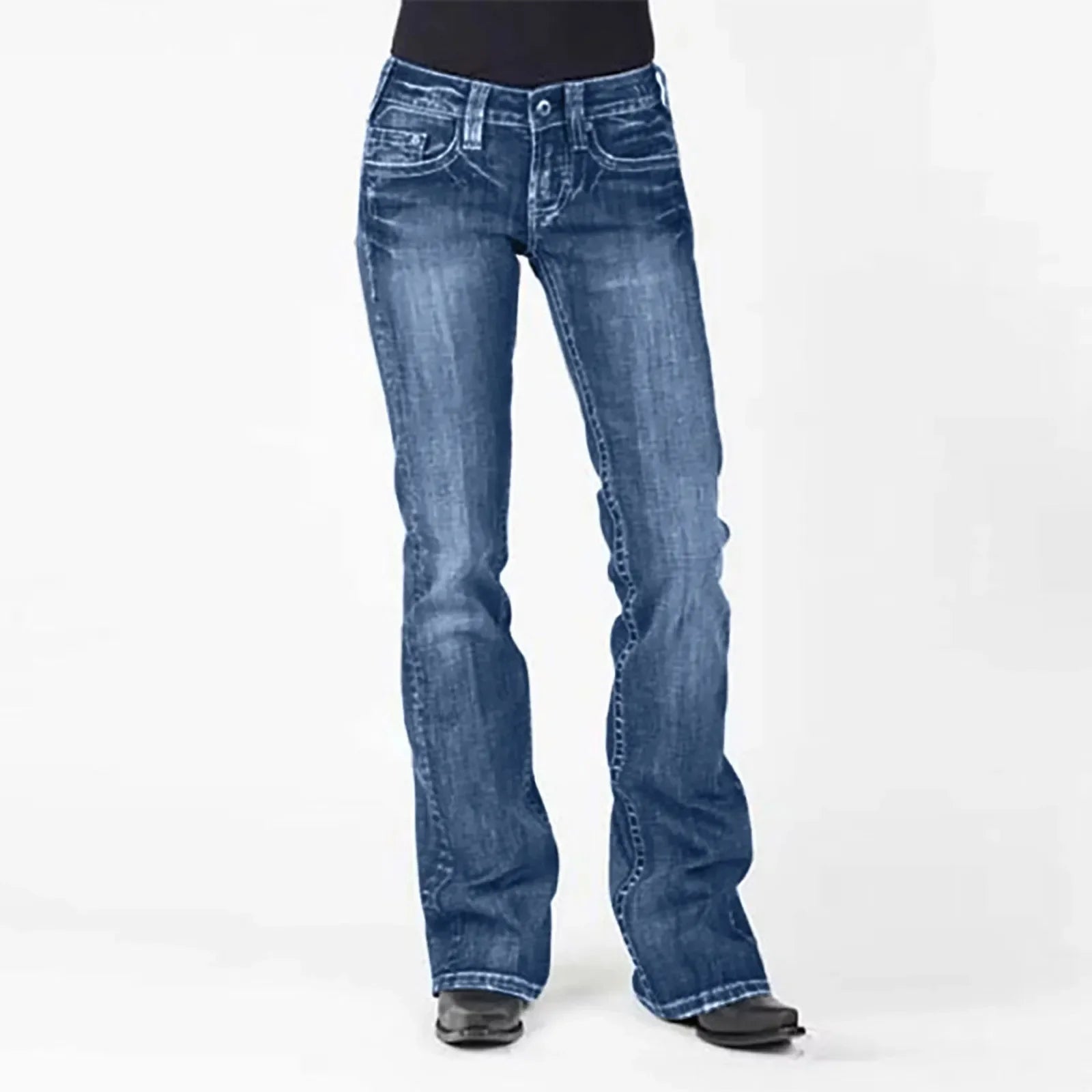 Vintage American Style Mid Waist Flared Jeans for women, slimming and stylish denim for retro fashion.