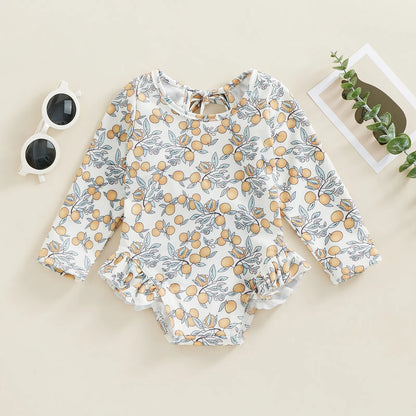 Baby girl floral bathing suit with backless design for summer swimming

