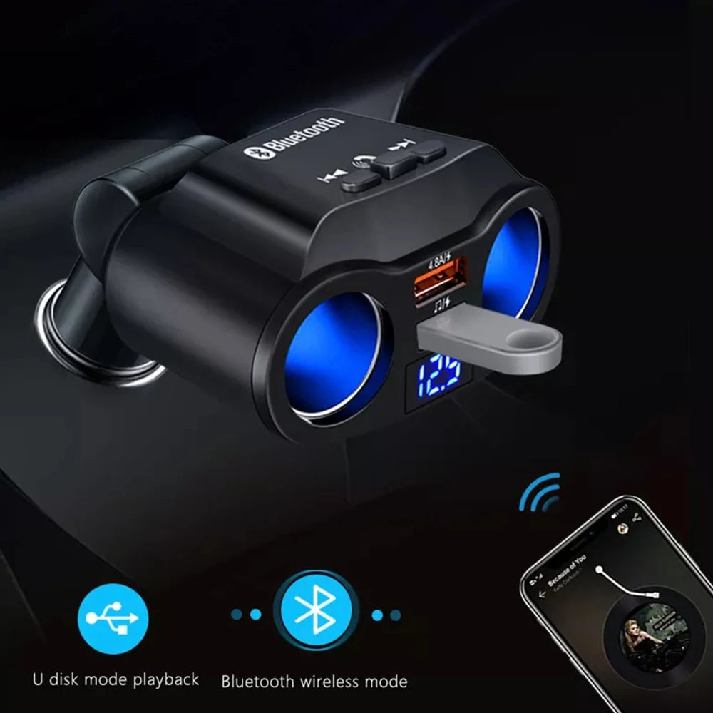 Bluetooth car cigarette lighter splitter with dual USB QC 3.0 and FM transmitter