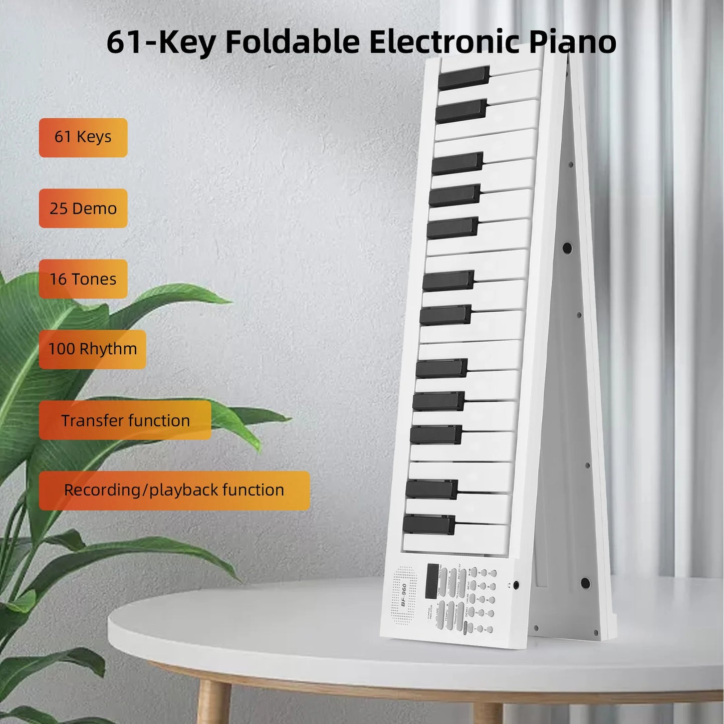 61-key foldable electronic piano with LED display and built-in battery for portable music practice


