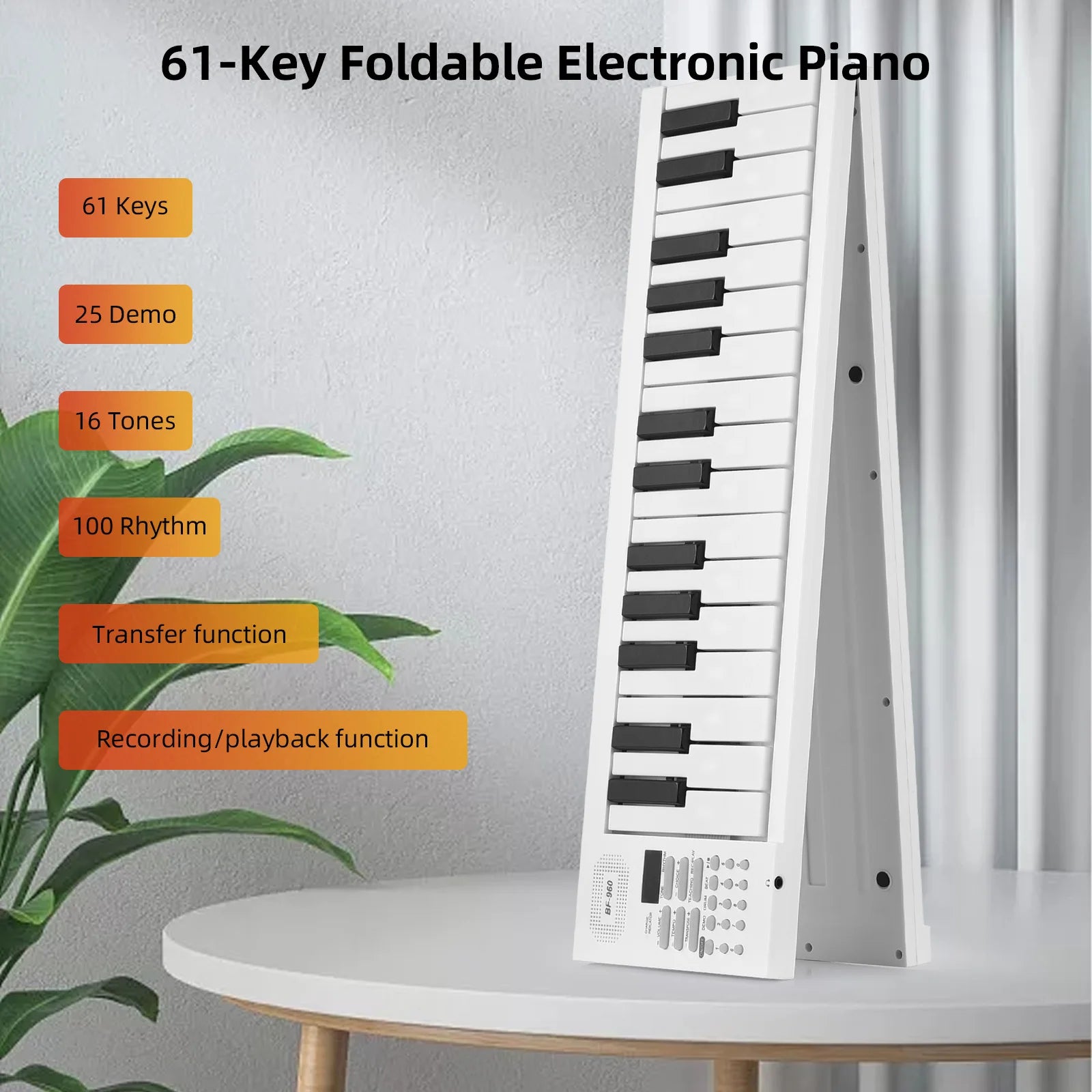 61-key foldable electronic piano with LED display and built-in battery for portable music practice

