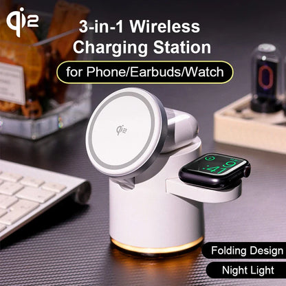 Foldable 3-in-1 MagSafe wireless charging station for iPhone, Apple Watch, and AirPods with Type-C port


