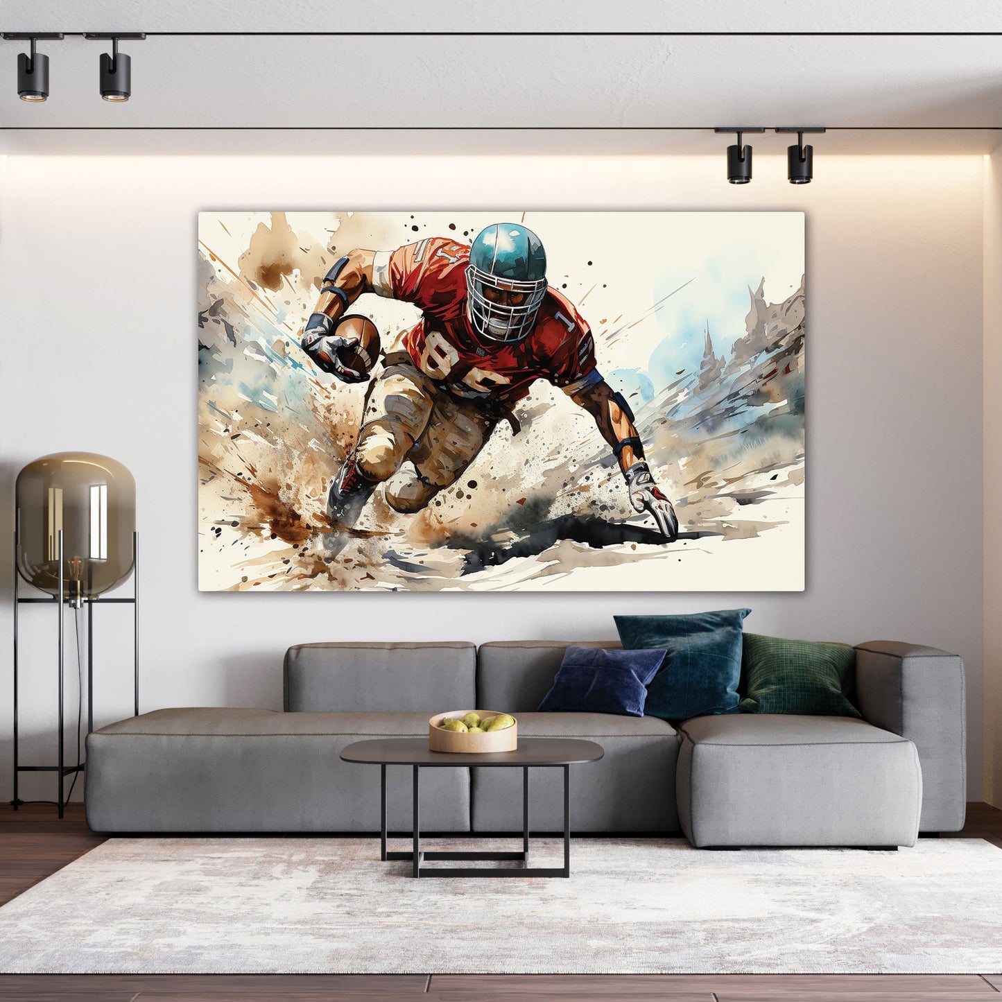 Rugby canvas painting with vibrant sports design and wooden frame