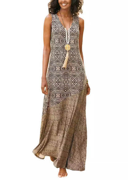Woman in a French khaki V-neck maxi dress with patchwork print, perfect for summer casual and boho style.