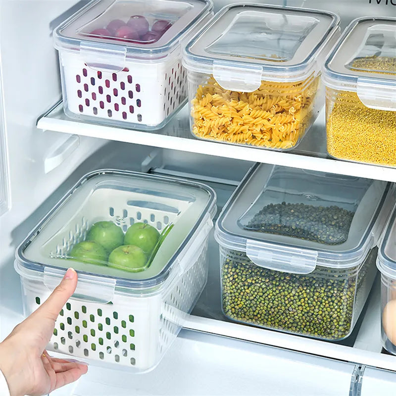 Stackable fridge organizer bins with clear design for kitchen and refrigerator storage

