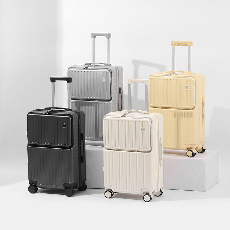 Front fastening multifunctional carry on luggage with spinner wheels in gray