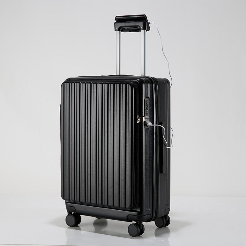 Front opening ABS business luggage in black with spinner wheels