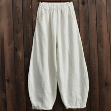 Spring Summer Cotton Linen Style Bloomers Wide Leg Pants for women, vintage full-length elastic waist trousers.