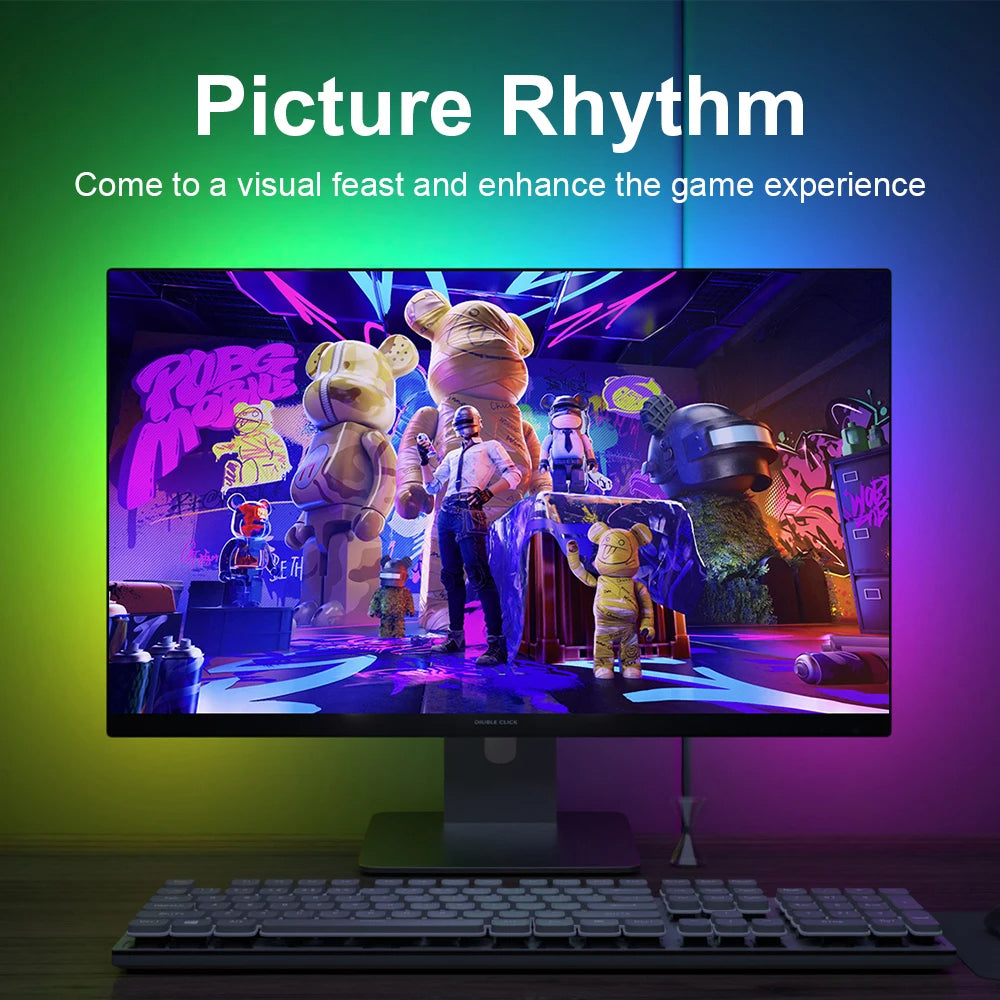 Smart Ambient TV PC Display Sync LED Strip Light glowing behind a gaming monitor