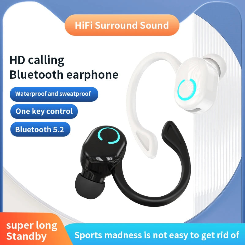 Wireless Bluetooth Earphones HIFI Bass with HD mic, waterproof ear-hook design for sports, gaming, and music