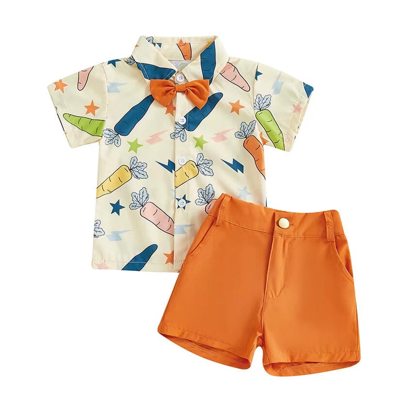 Toddler Easter outfit with orange shorts and gentleman-style shirt

